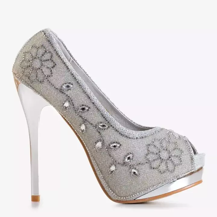 OUTLET Ezüst fényes női magas sarkú cipő cirkónium -dioxiddal Penina - Cipő