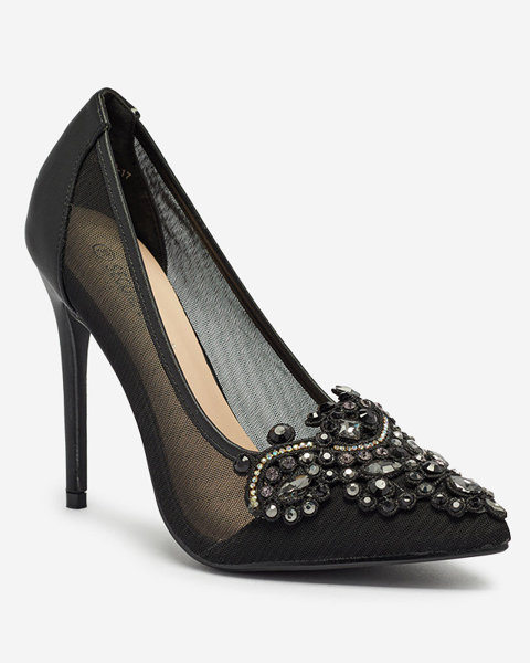 OUTLET Fekete női tűsarkú cipő hálóval és cirkófűzéssel Heiflo- Footwear