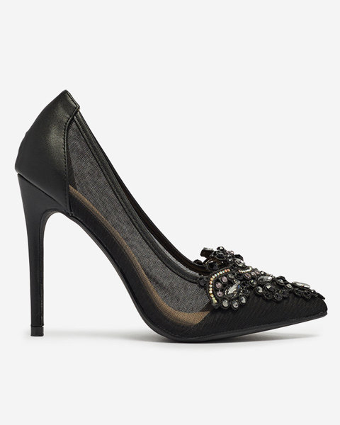 OUTLET Fekete női tűsarkú cipő hálóval és cirkófűzéssel Heiflo- Footwear