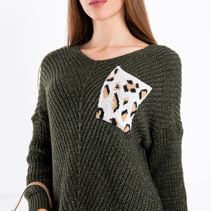 Sötétzöld túlméretezett női hosszú pulóver mintás zsebbel - Ruházat