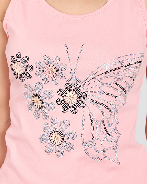 Világos rózsaszín női felső pillangóval és virágokkal - Ruházat
