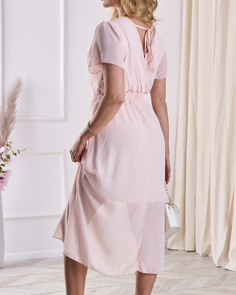 Világos rózsaszín női midi ruha borítékolt nyakkivágással - Ruházat