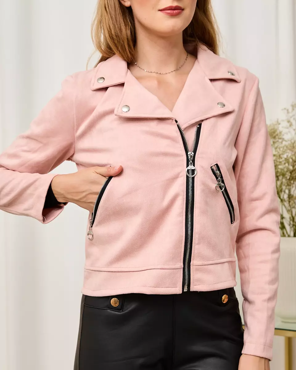 Világos rózsaszín női öko-velúr motoros kabát zsebekkel - Ruházat